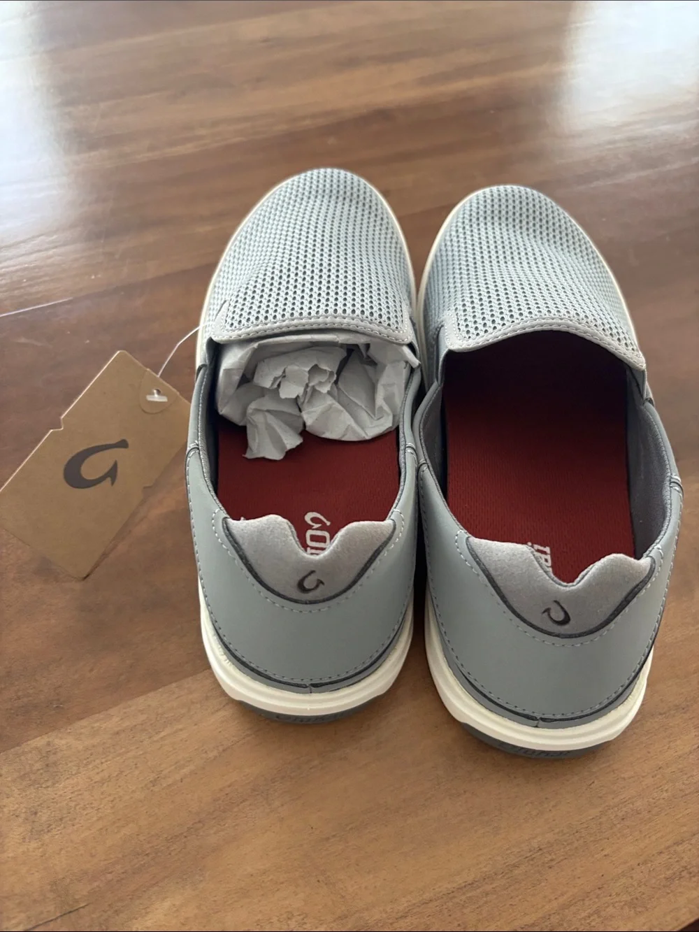 Brand new OluKai Men's Gray Mesh Slip-On Sneakers with White Sole